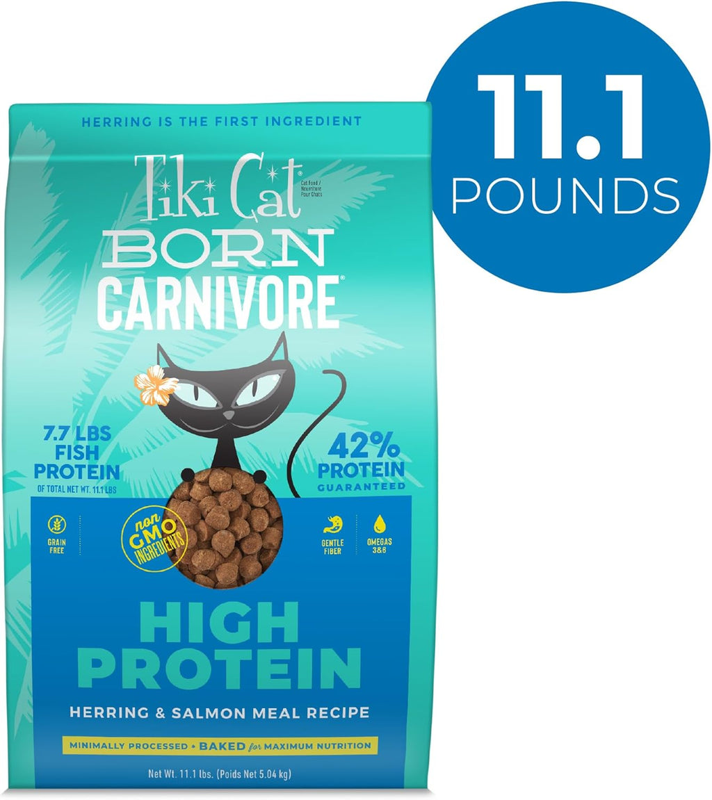 Tiki Cat Born Carnivore High Protein, Herring & Salmon Meal, Grain-Free Baked Kibble to Maximize Nutrients, Dry Cat Food, 11.1 Lbs. Bag