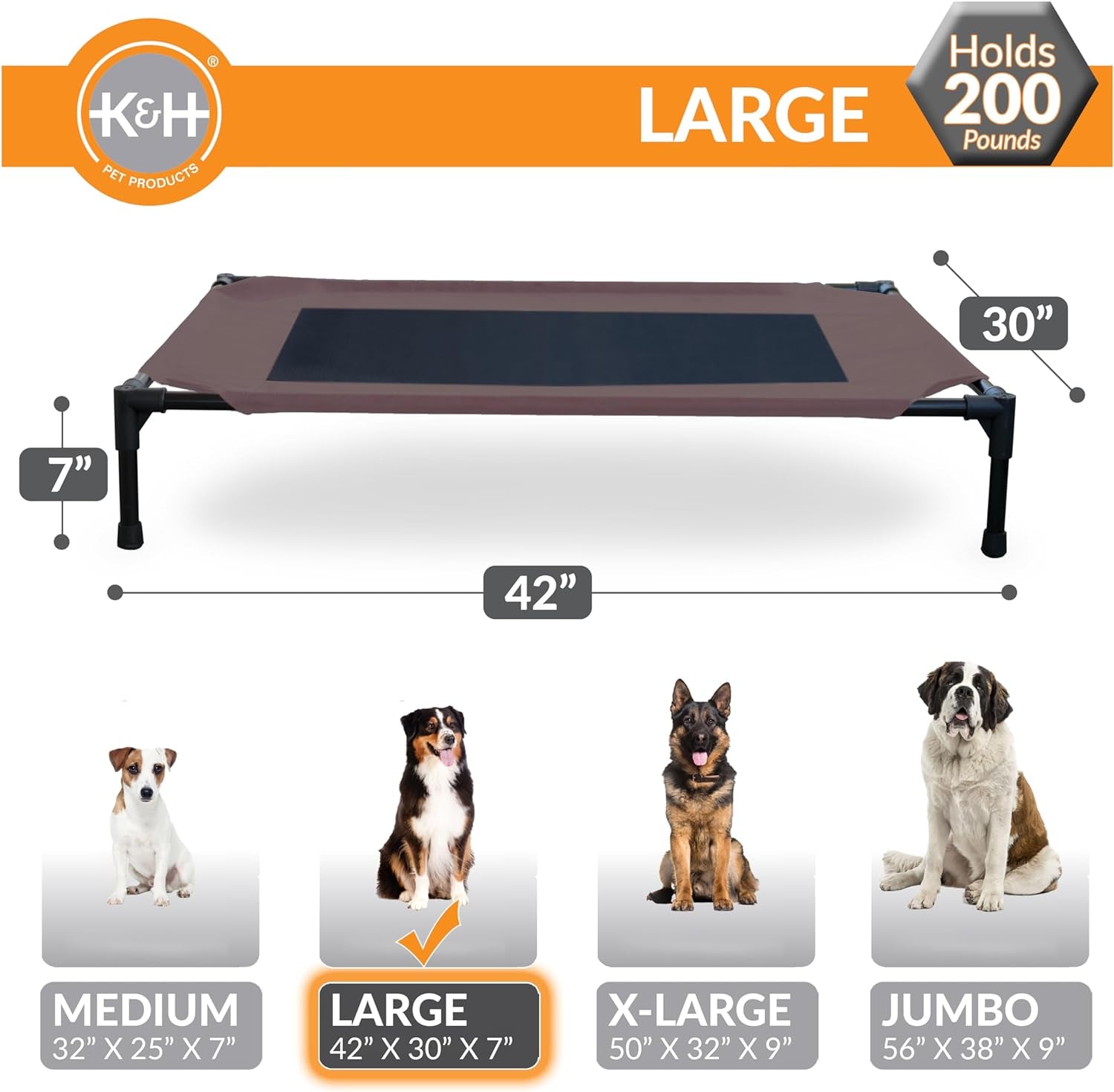 Original Pet Cot Elevated Dog Bed Chocolate/Black Mesh Large 30 X 42 X 7 Inches